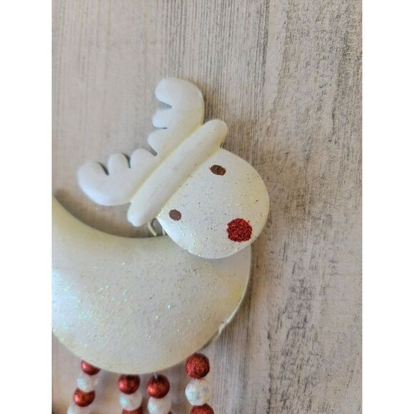 White Rudolph Red-Nosed Reindeer dangle feet Bell set glitter ornament Xmas - Picture 4 of 7